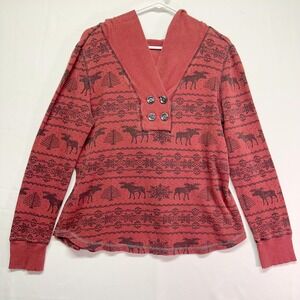 GT LTD Scarlet Heather Long Sleeve Moose Print Hoodie Sweater Cotton Womens L